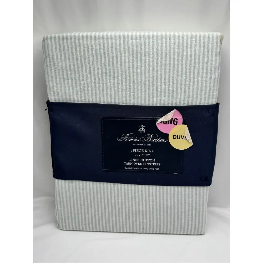 Brooks Brothers King Light Blue White Pinstripe Cotton Linen Duvet Cover Set
